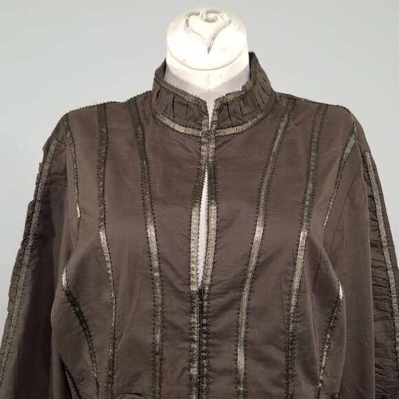 W Work Weekend M Mandarin Collar Embellished Shirt Ruched Panels Ribbon Trim Brn - Picture 3 of 8